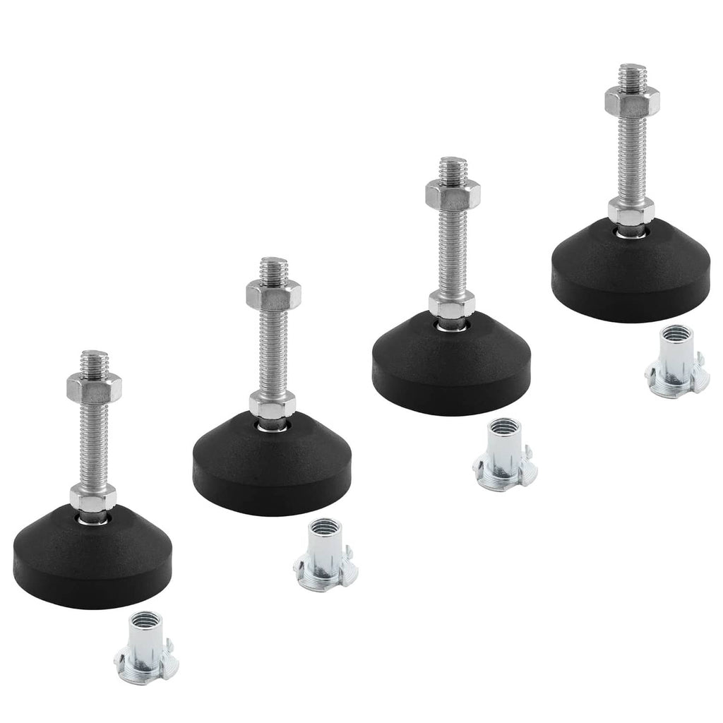 Four black M10 leveling feet with threaded studs and T-nuts, anti-slip bases
