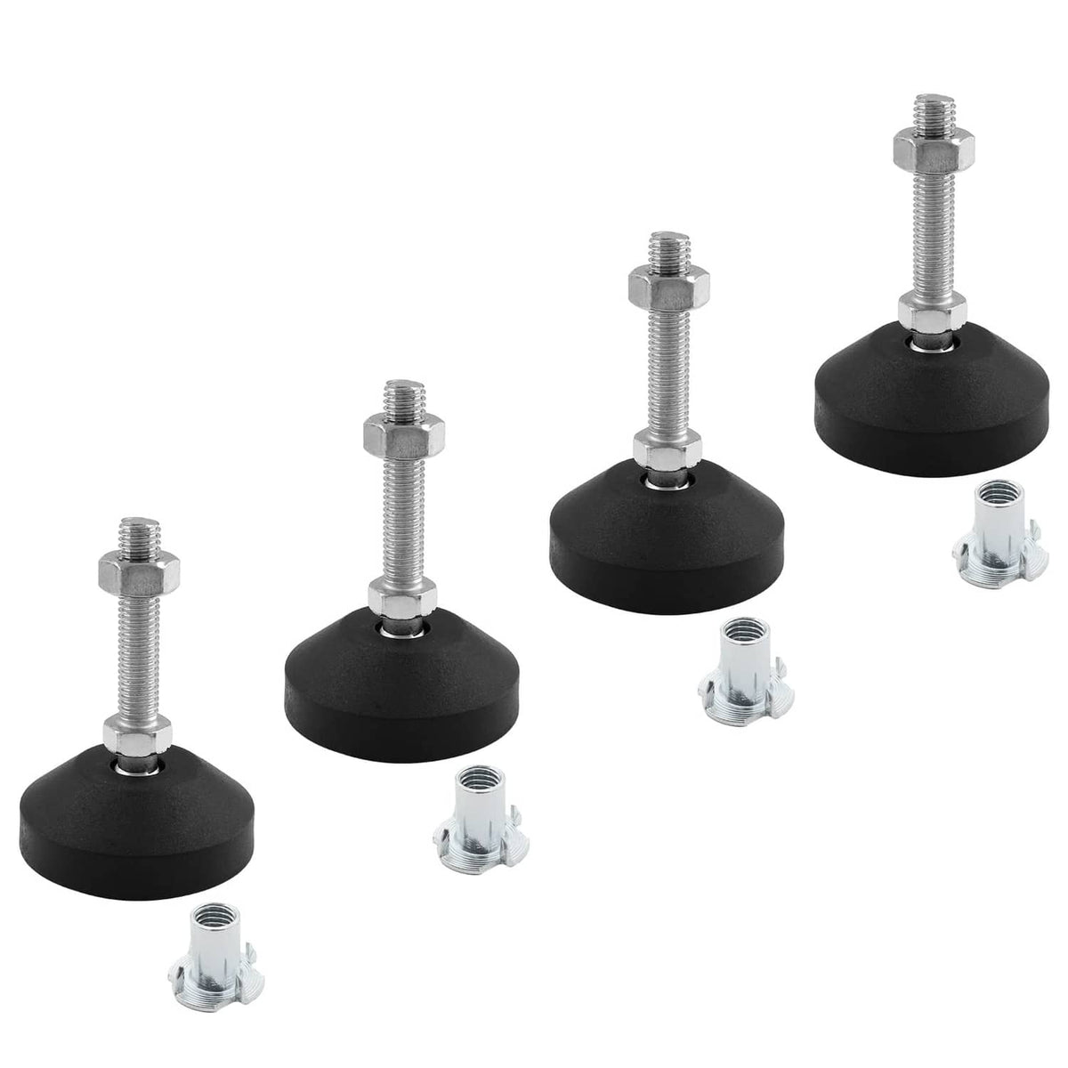 Four black M10 leveling feet with threaded studs and T-nuts, anti-slip bases
