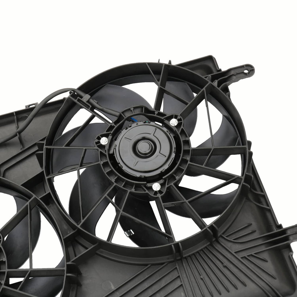 Radiator cooling fan with black multi-blade wheel and circular motor mounting