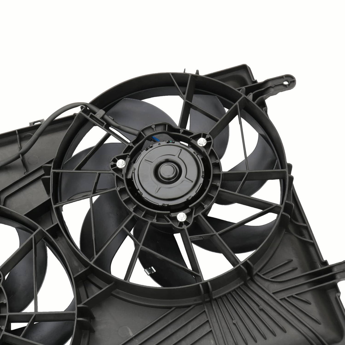 Radiator cooling fan with black multi-blade wheel and circular motor mounting