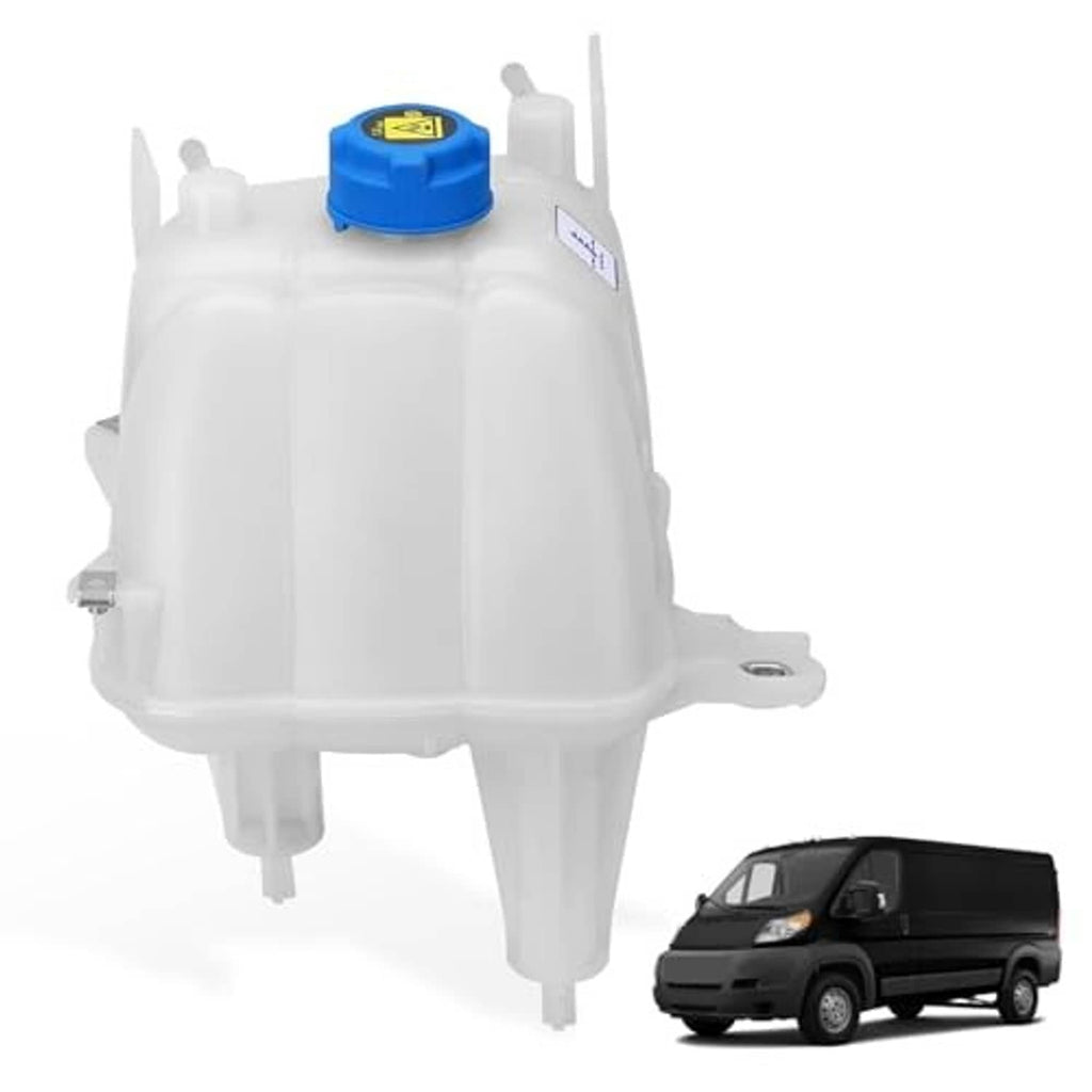 Engine coolant reservoir, white coolant tank with blue cap and outlet mounting tab