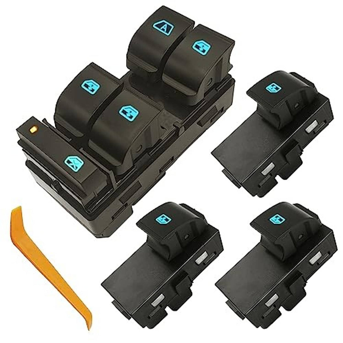 Black window master switch and three passenger switches, blue illuminated buttons