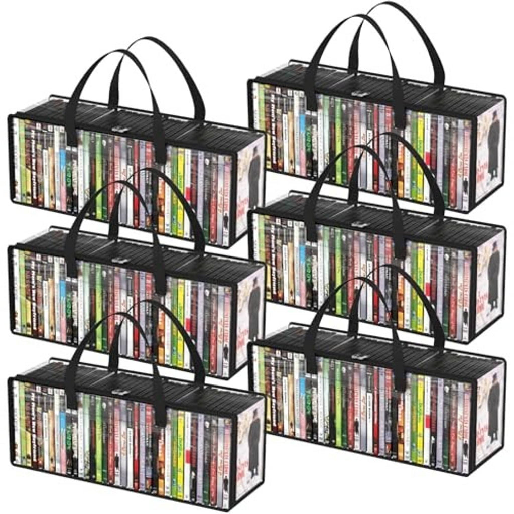 Set of 6 clear PVC DVD bags with black handles; DVDs visible through window