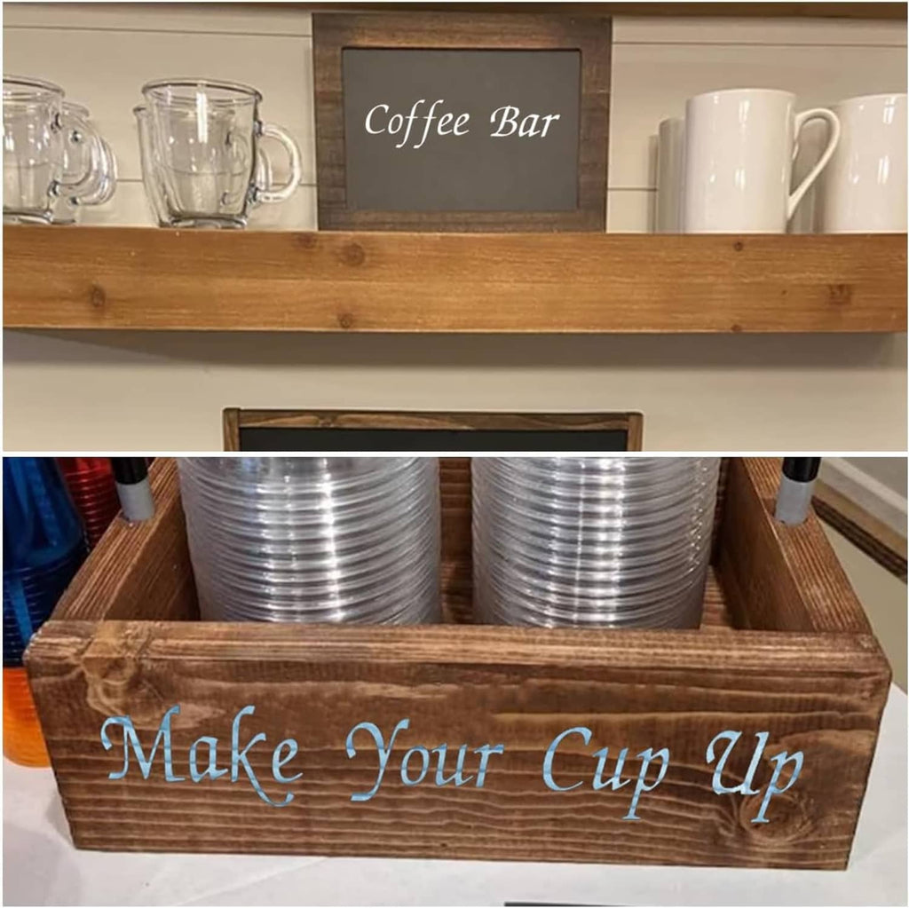 Wooden coffee sign made with letter stencils reading "Make your Cup Up"