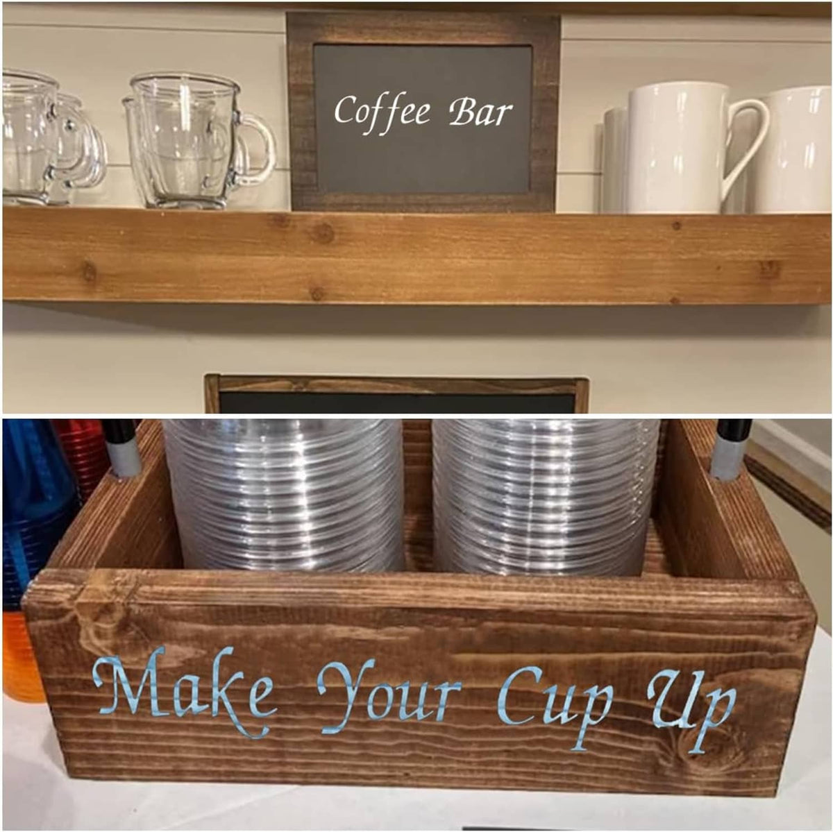 Wooden coffee sign made with letter stencils reading "Make your Cup Up"