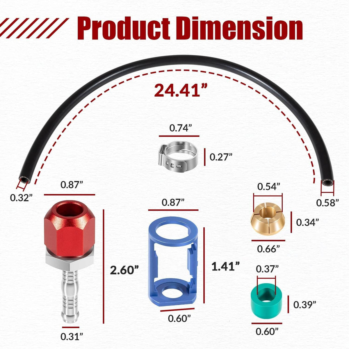 A/C line splice kit product dimension diagram with hose and colored fitting sizes