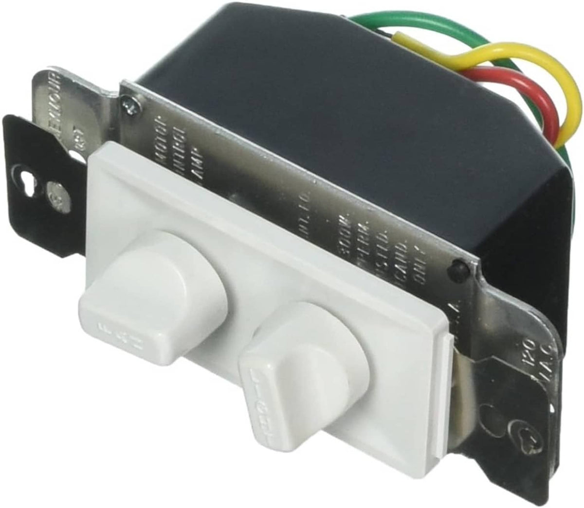 Dual rotary ceiling fan control/dimmer with black housing, bracket, and two white knobs