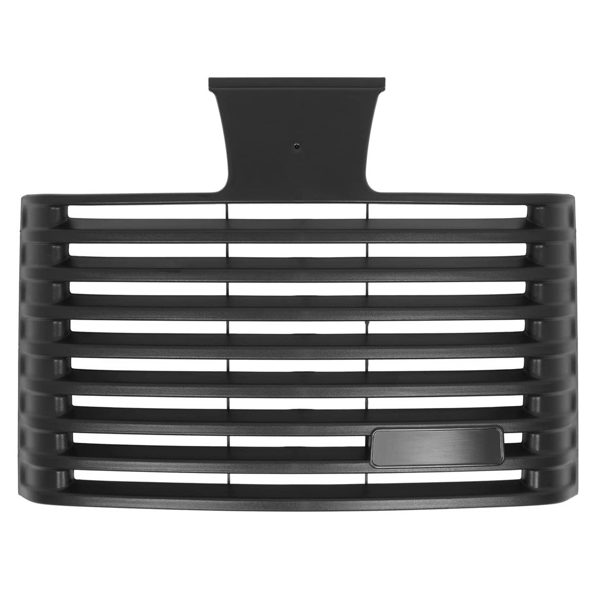 Black front grille with horizontal slats and rectangular badge opening