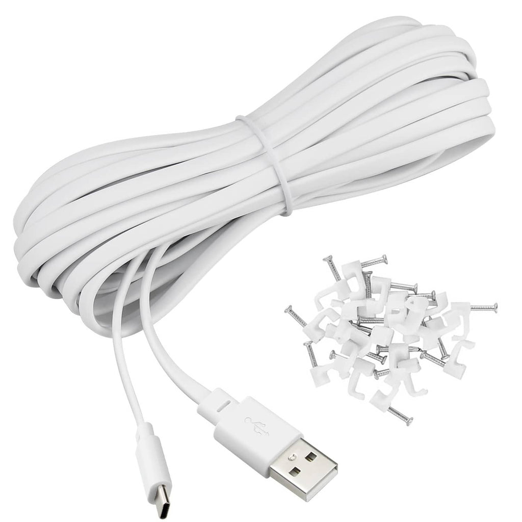 White USB-A to USB-C power cable with bundled length and mounting clips