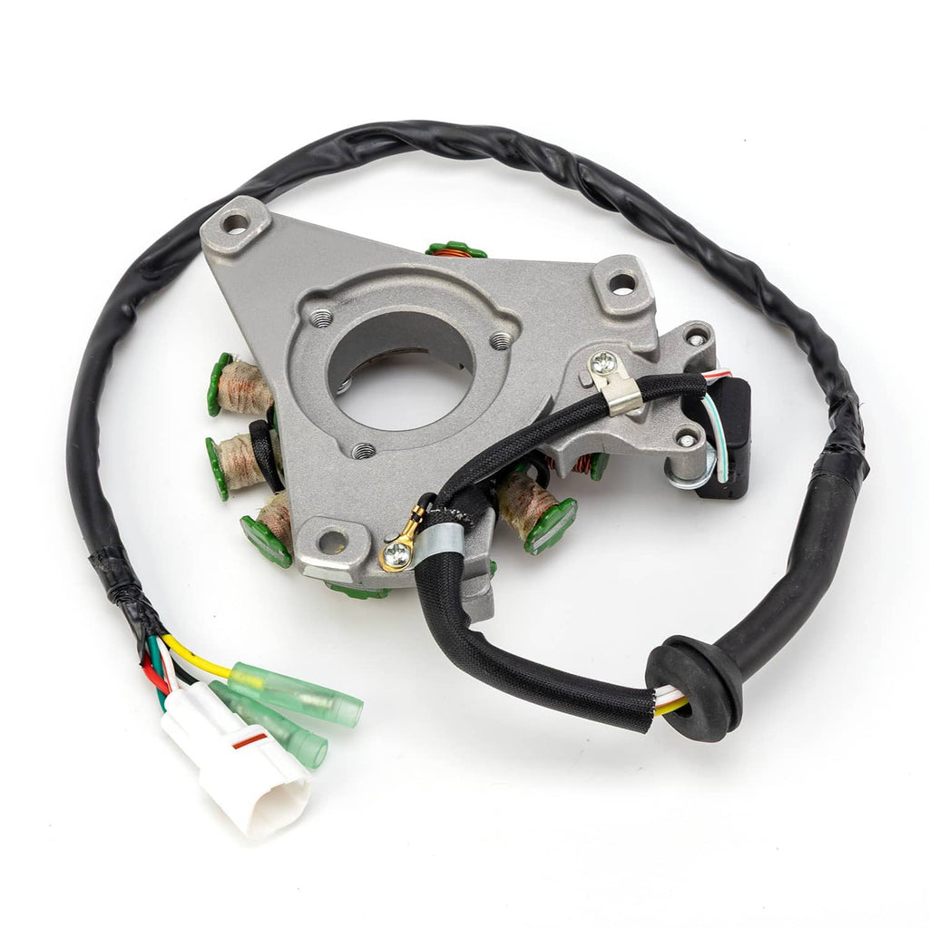 Motorcycle stator assembly with mounting bracket, copper windings, and wire connector plugs