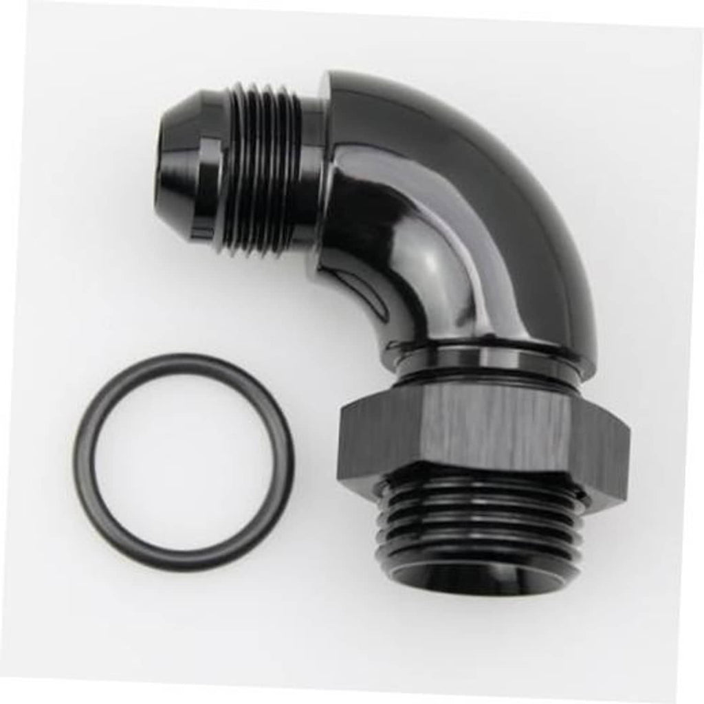 Black 90-degree AN ORB fitting with O-ring and male threaded end, close-up view