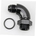 Black 90-degree AN ORB fitting with O-ring and male threaded end, close-up view