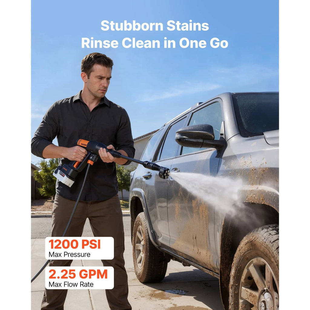 Cordless pressure washer spraying a high-pressure water stream from the spray gun