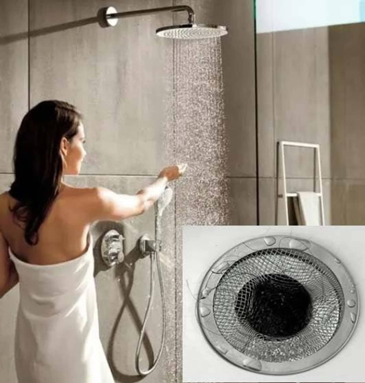 Round mesh sink drain strainer, fine metal grid over drain hole, stainless silver