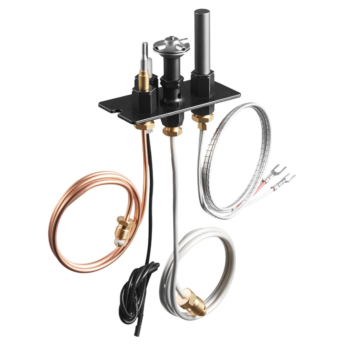 Natural gas pilot ignition assembly with black bracket, copper tube coil, braided thermocouple lines