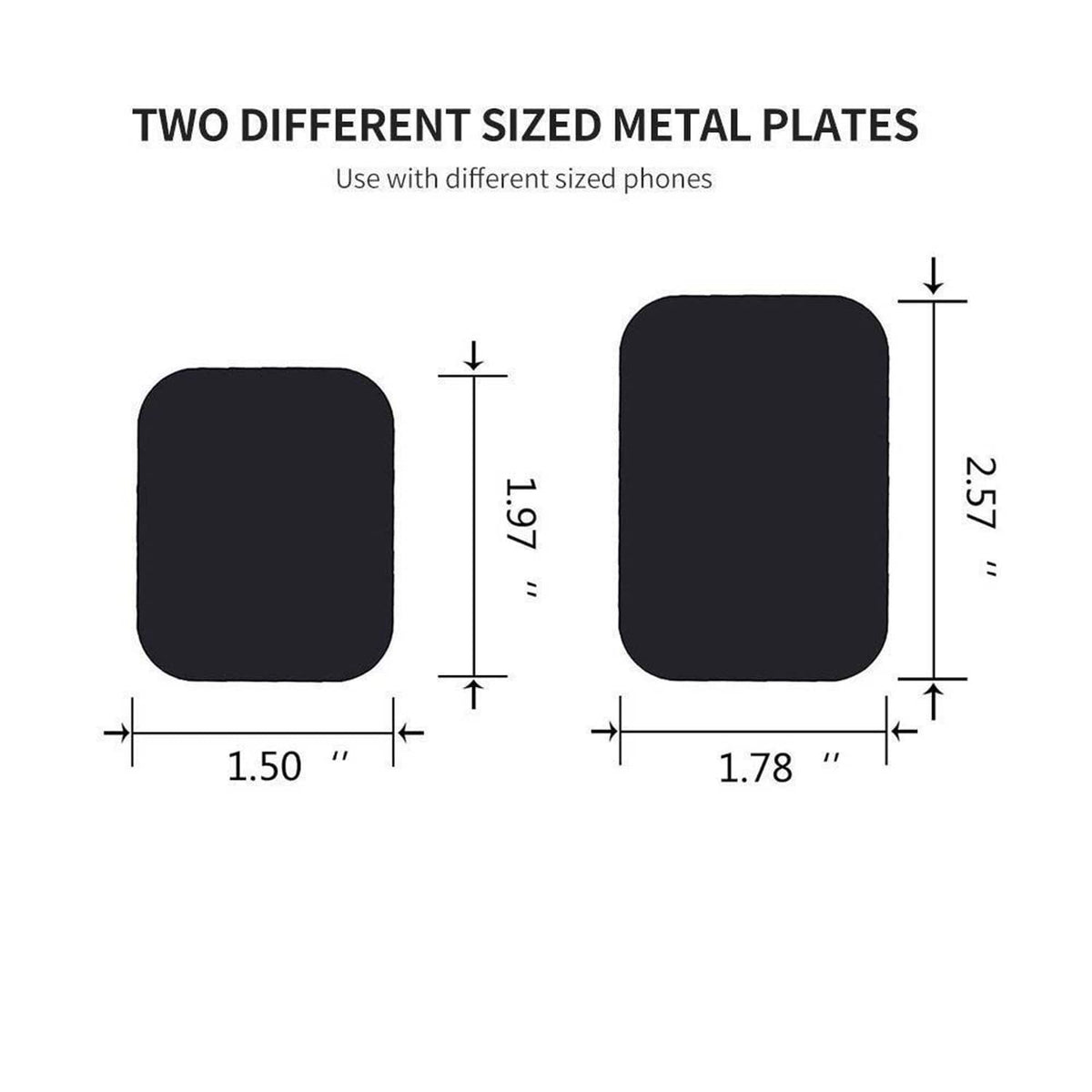 Two-size black square adhesive metal plate stickers with height measurements