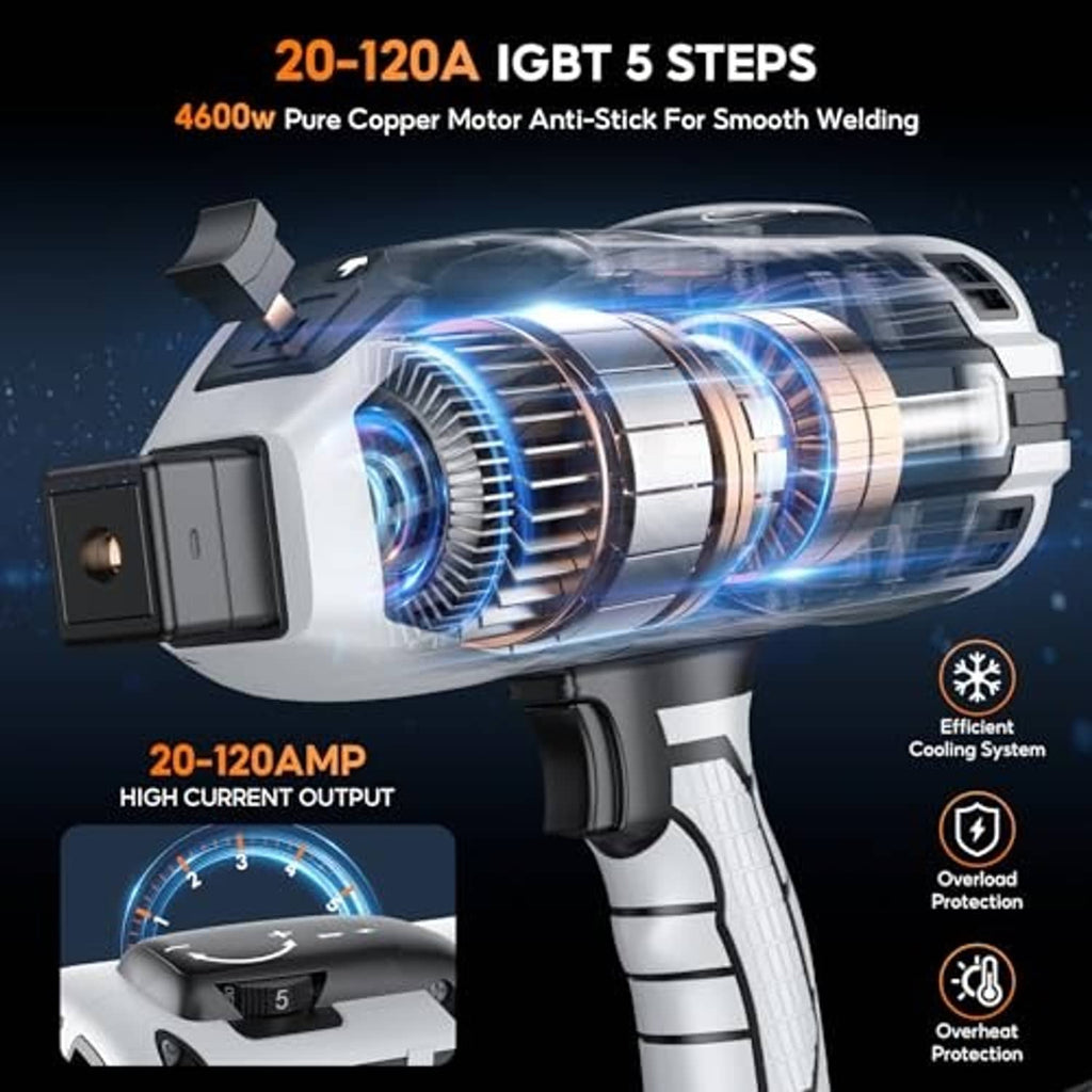 Inverter welder with glowing internal coil details and grey handle grip