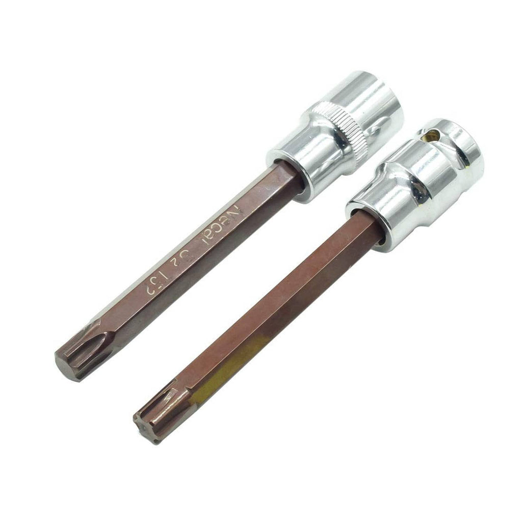 T52 Torx socket ends with star tips, chrome-silver 1/2 in drive, pair