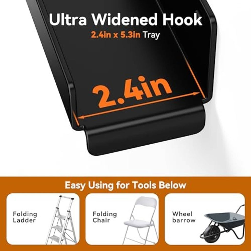 Ultra-widened black ladder hook with extra-wide tray for tools storage
