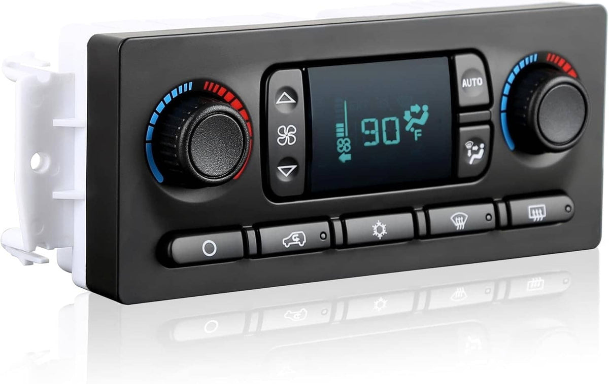 AC climate control module with digital display and black knob controls