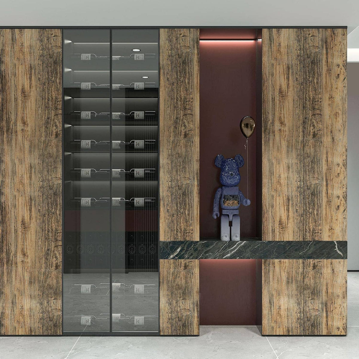 Brown wood-grain wallpaper surround with open storage cutouts and vertical plank pattern