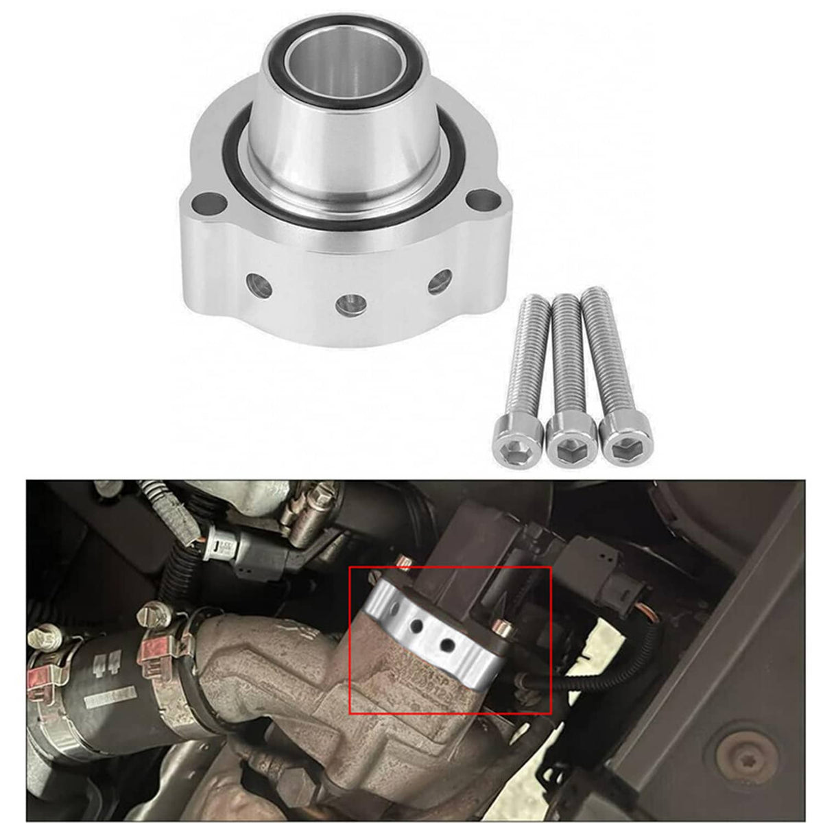 Blow-off valve spacer kit with flange, black O-ring seal, and three stud bolts
