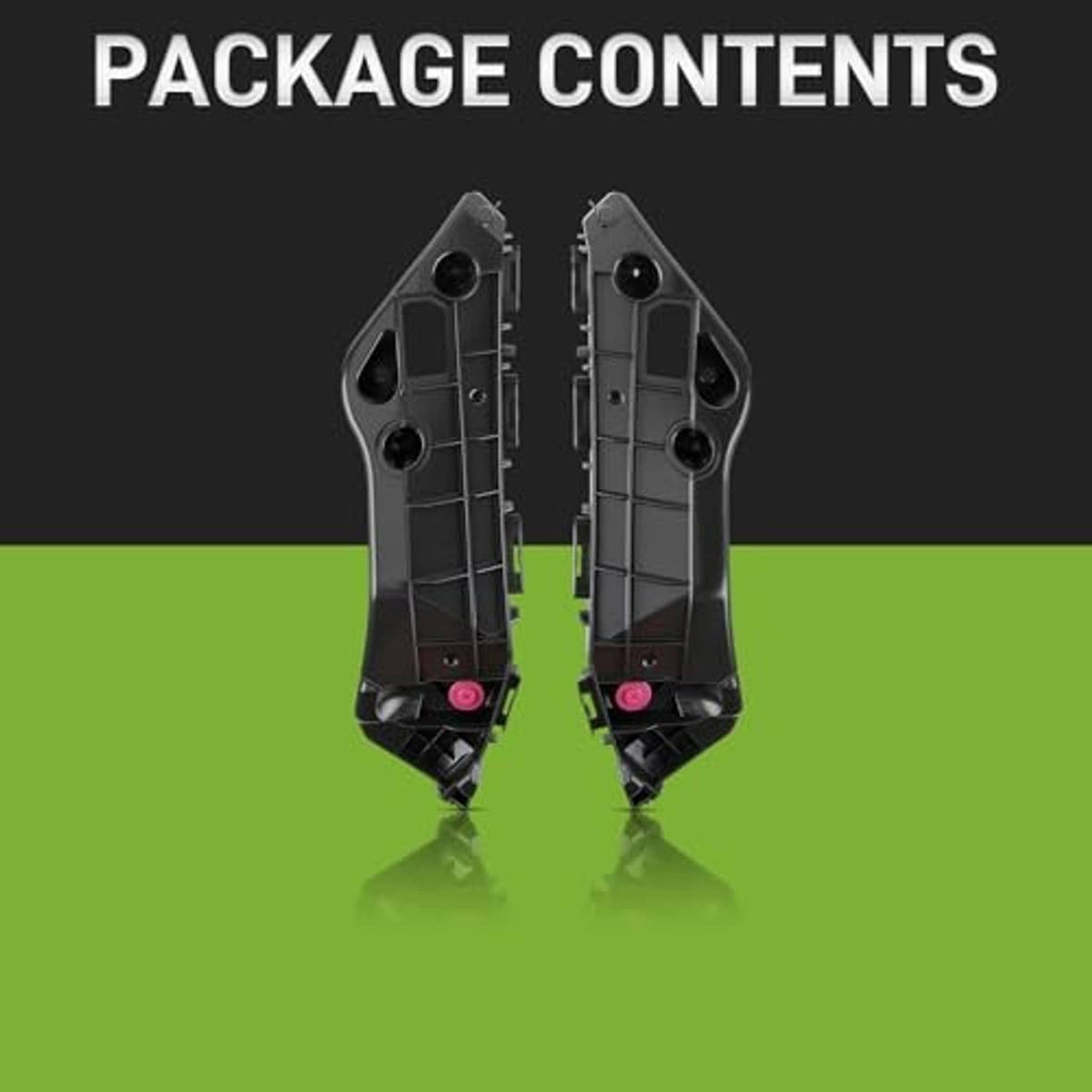 Pair of black front bumper brackets with magenta clips, contents view