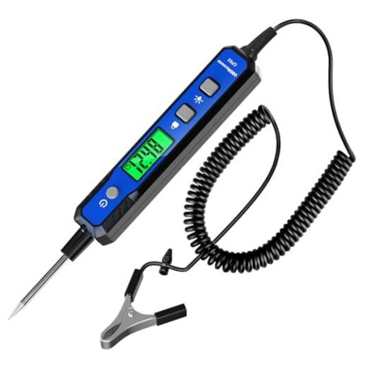 Blue circuit test light with digital display, buzzer, and two probes with spring coiled leads