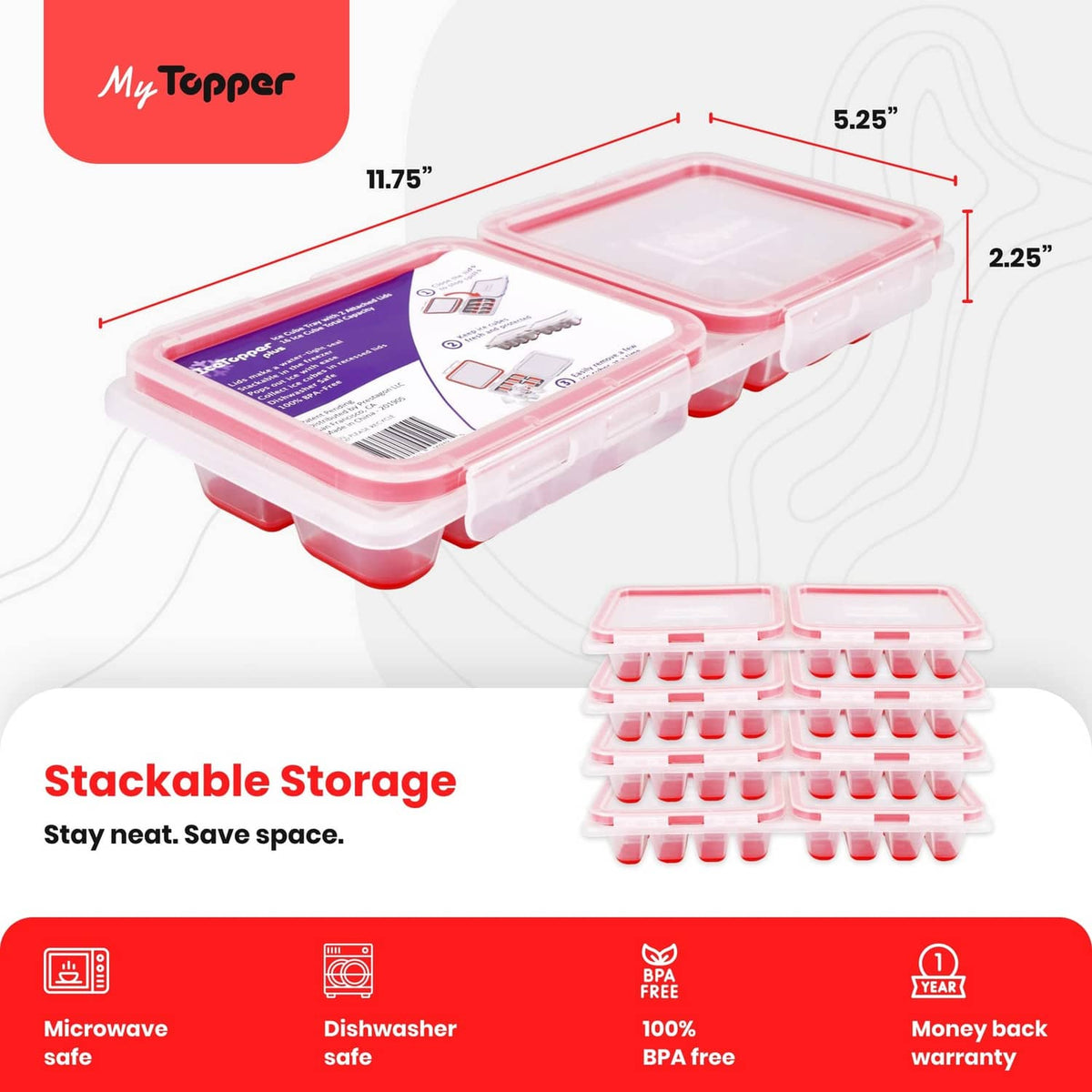 Ice cube tray with two attached lids, clear plastic with red seals, stackable storage shape.