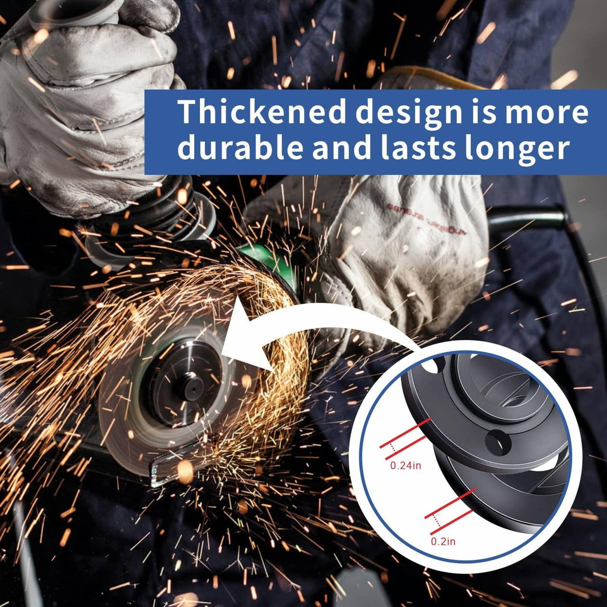Flange lock nut in use on an angle grinder with sparking cutting close-up