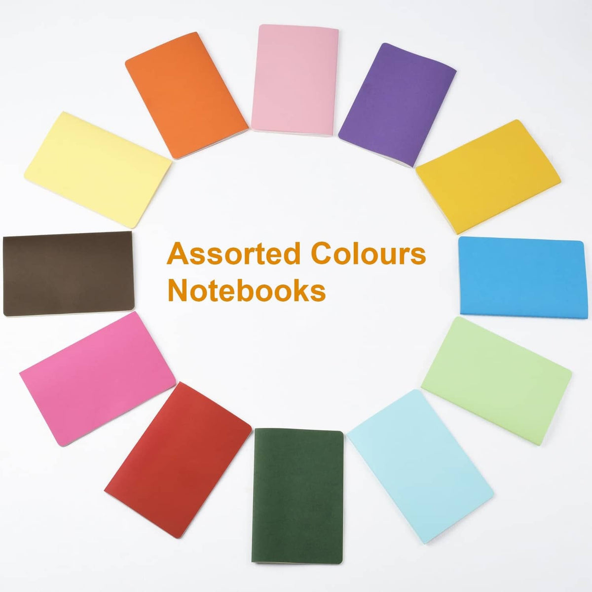 Assorted color A5 blank notebooks with multiple cover colors arranged in a circle