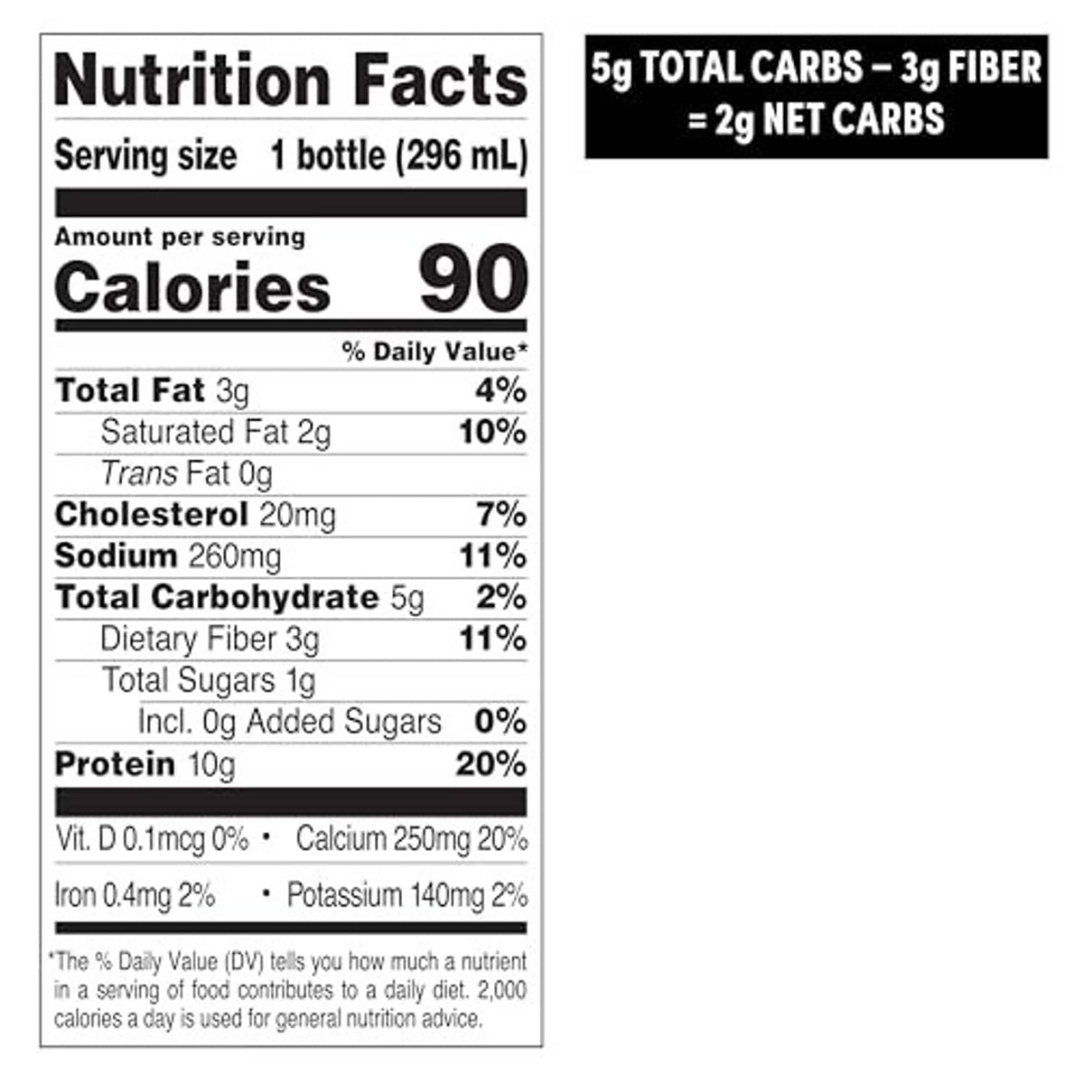 Nutrition facts panel for mocha latte iced coffee bottle, 90 calories per serving