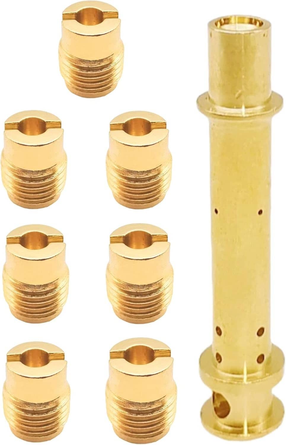 Brass carburetor jet kit with multiple main jets and an emulsion tube, threaded fittings