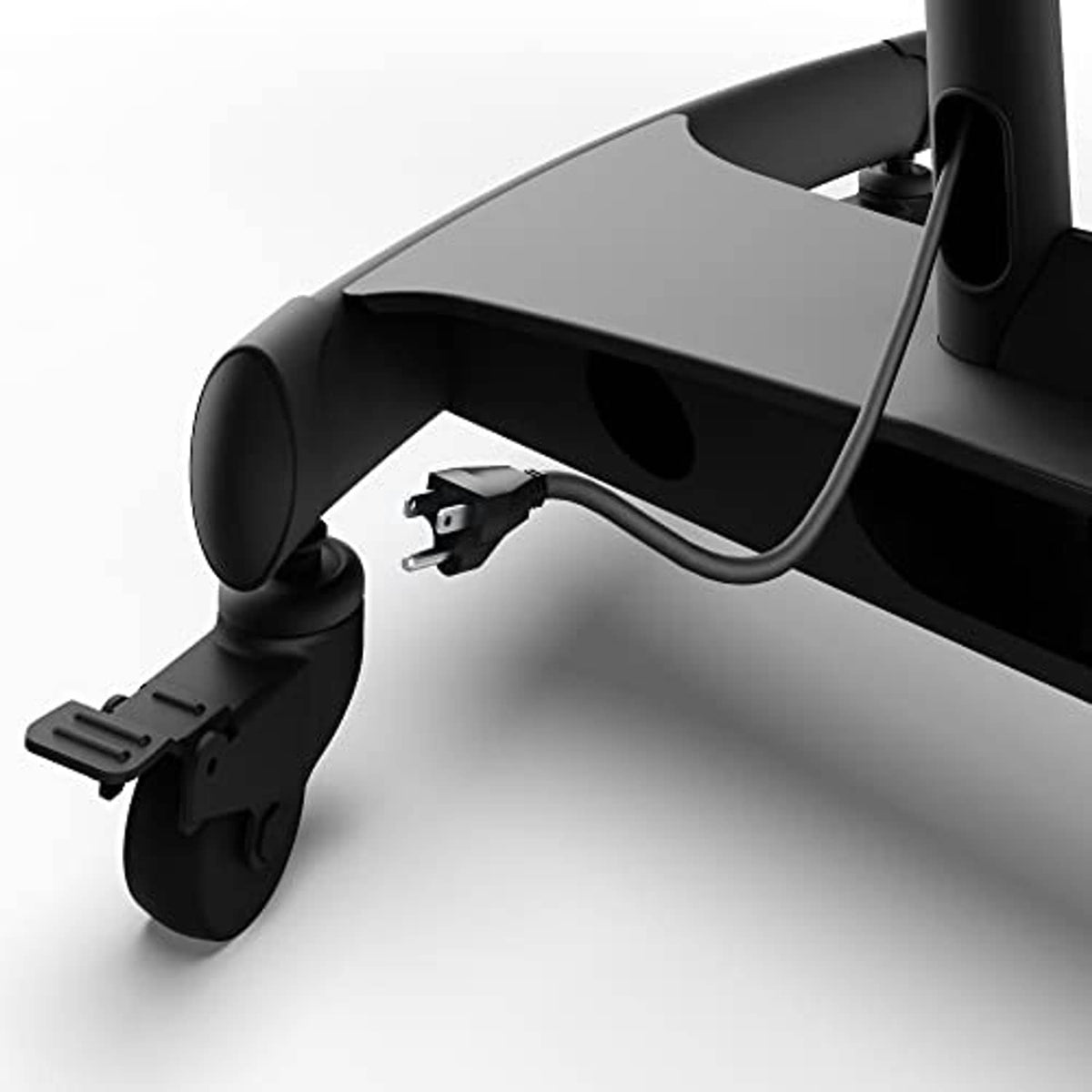 Caster wheel lock close-up on black height-adjustable TV stand base