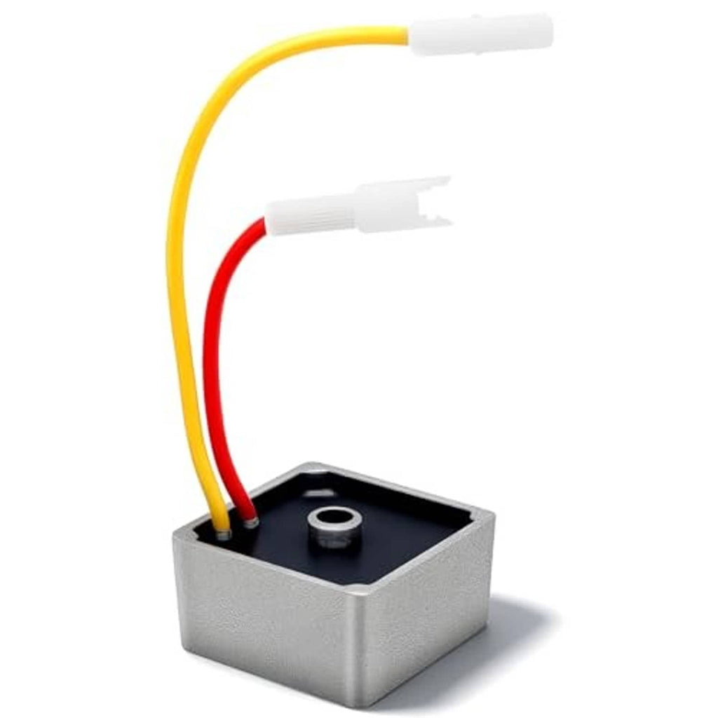 Voltage regulator module with two white connectors, red and yellow wires, and grey block casing