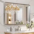 Bathroom mirror with rounded rectangle brushed nickel frame and clear reflective tempered glass