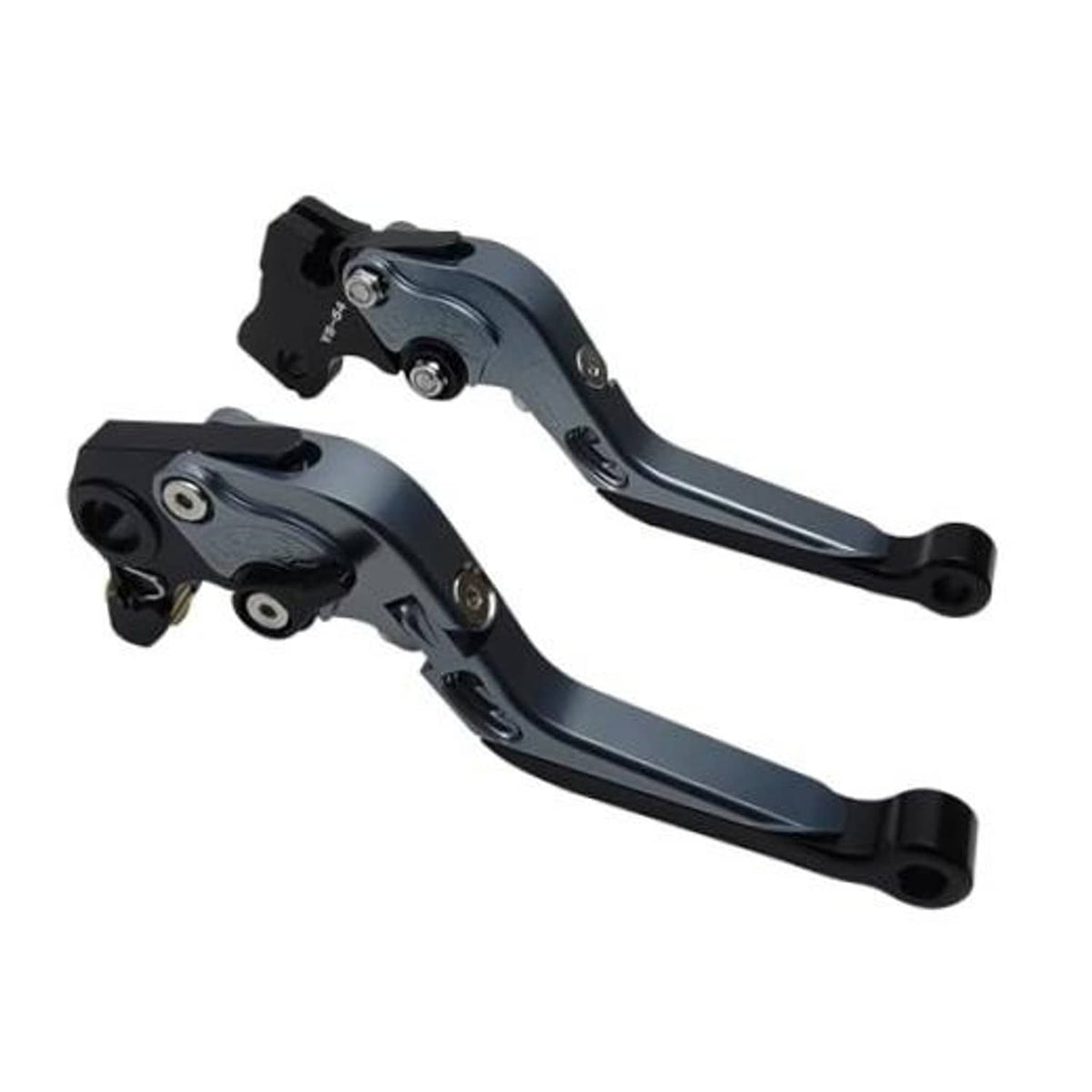 Brake and clutch lever set with dark blue-gray finish and black folding ends
