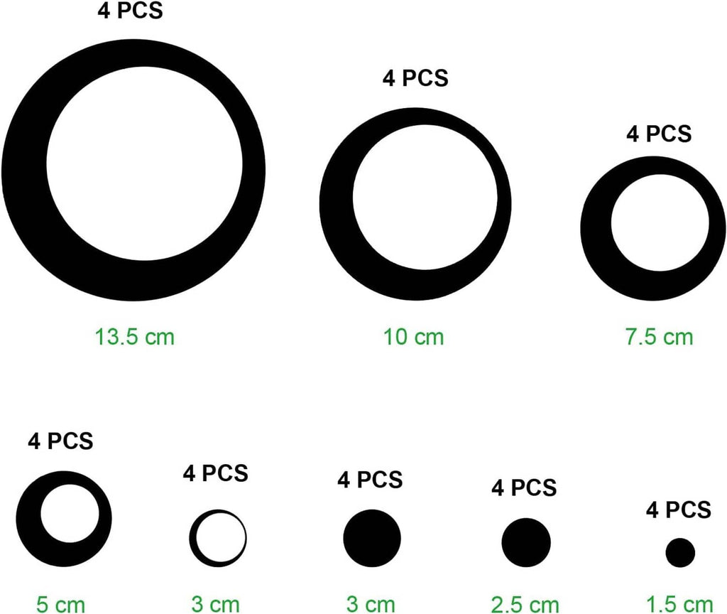 Wall sticker size chart showing reflective circles in 8 sizes (cm) with pcs count