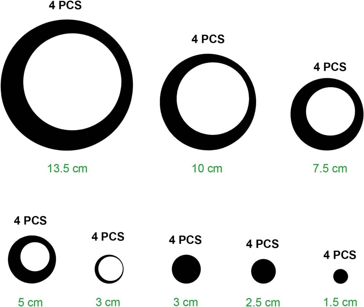 Wall sticker size chart showing reflective circles in 8 sizes (cm) with pcs count