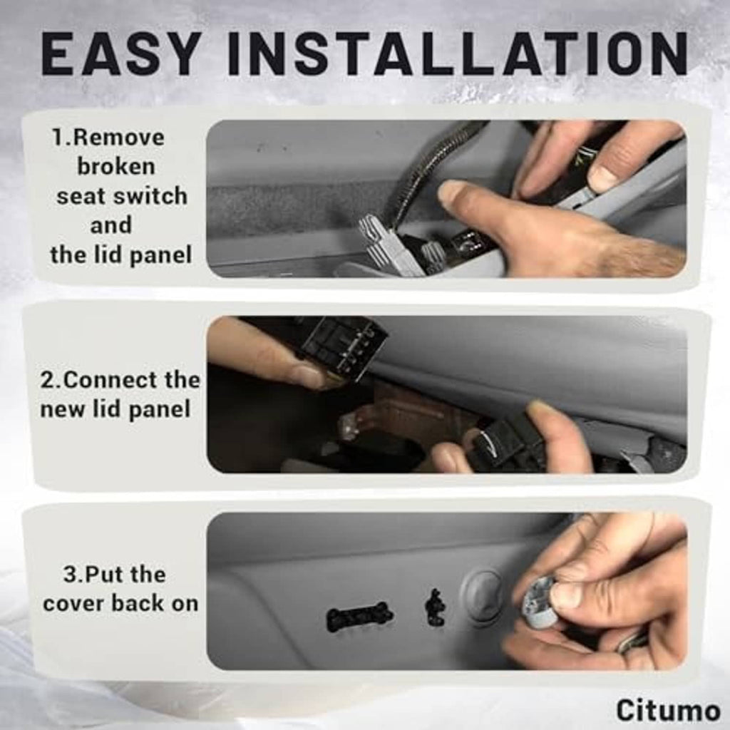 Power seat switch installation showing hands connecting a switch panel in a car