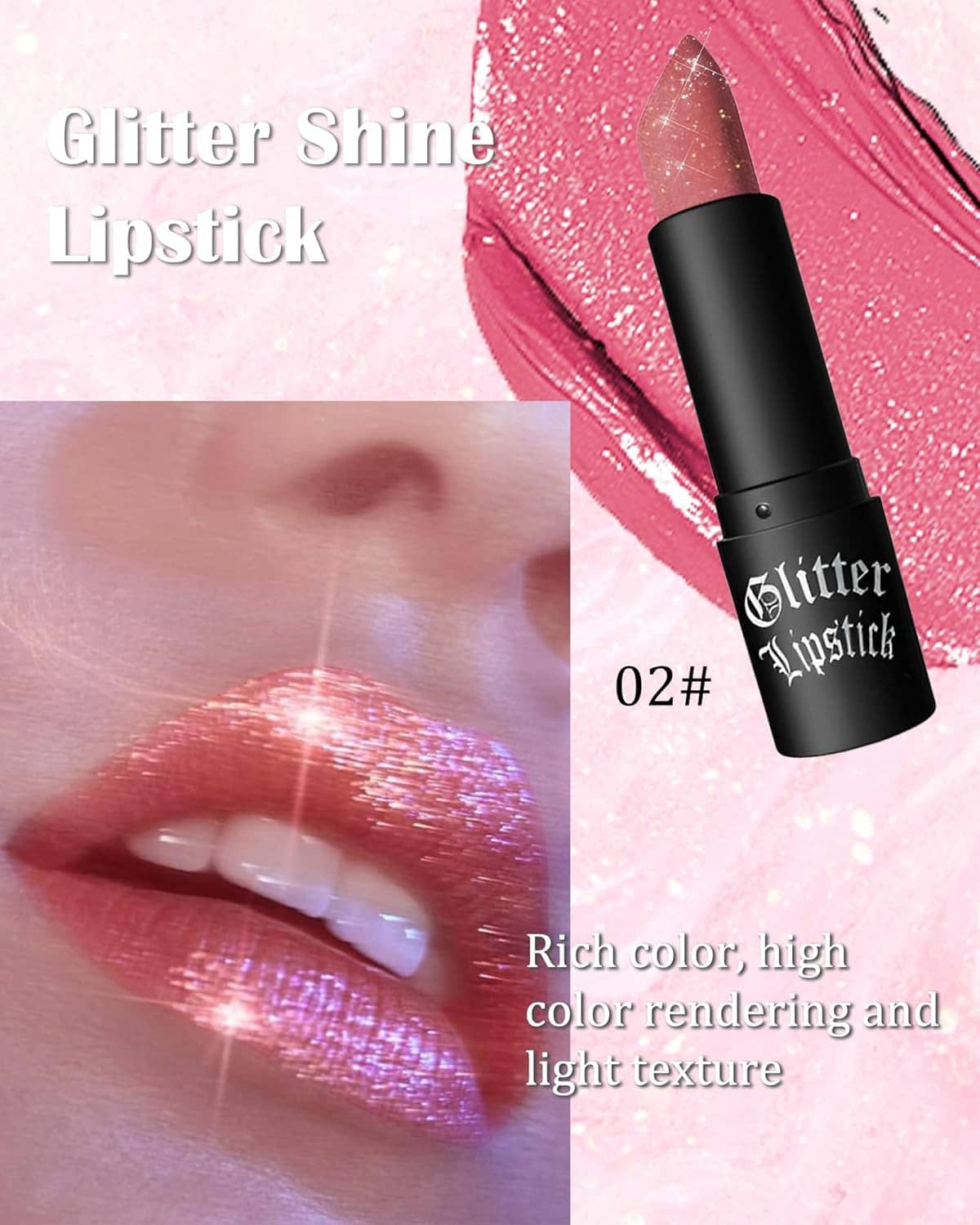Black-cased glitter lipstick tube beside close-up of pink shimmer glitter lips