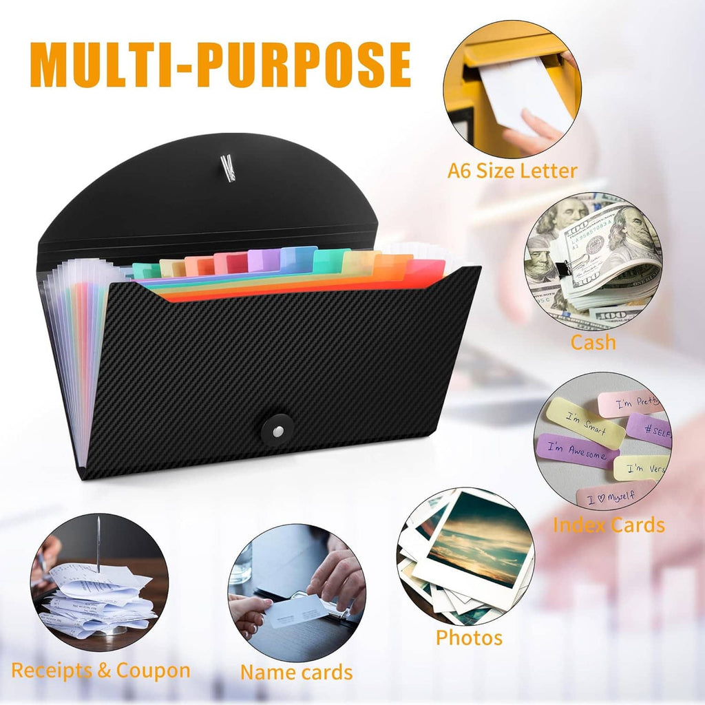 Black carbon-fiber receipt and coupon organizer with elastic snap closure, multifunction use