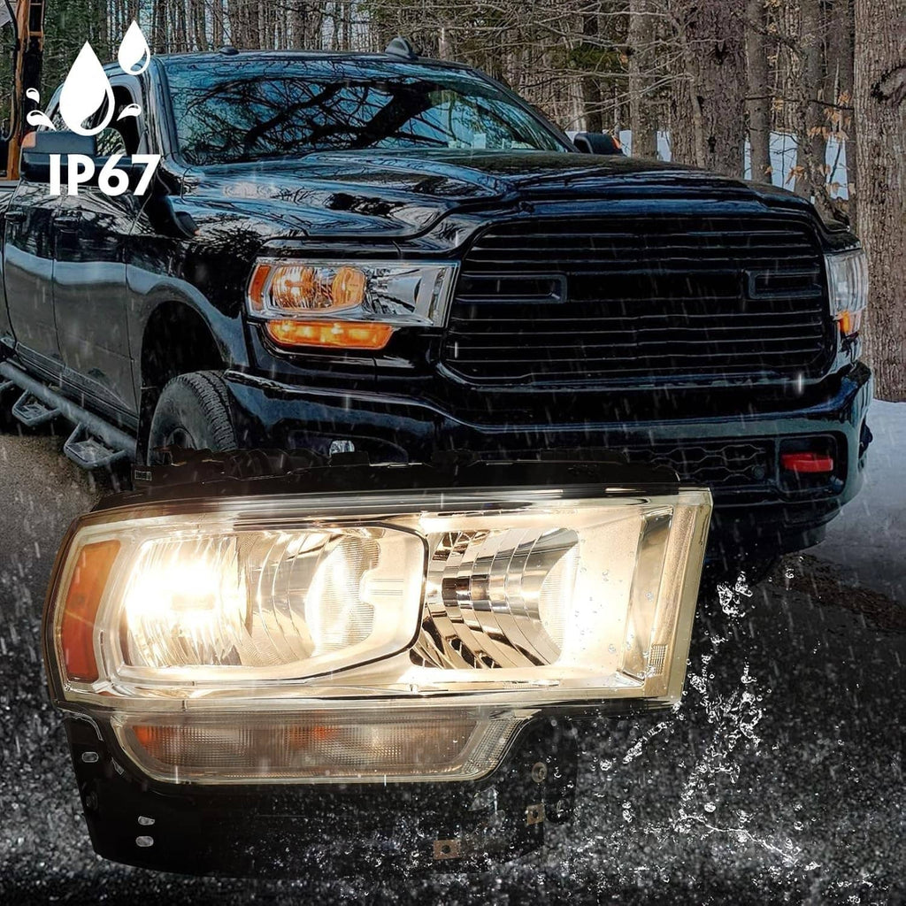 Right halogen headlight with chrome housing and clear lens, wet with snow-dust