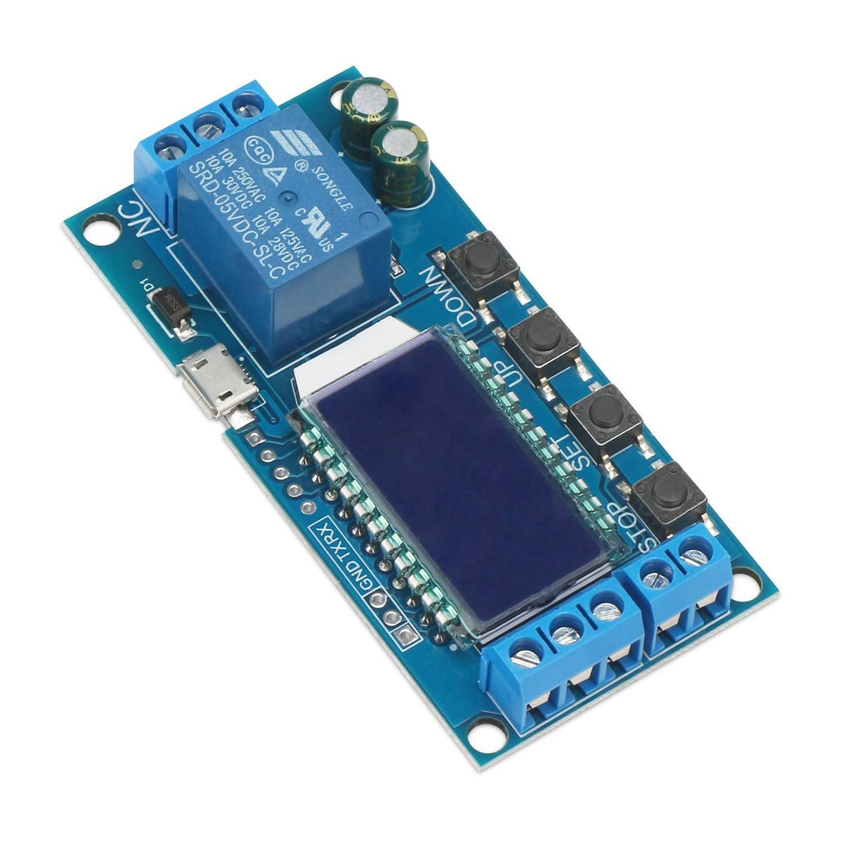 Timer relay delay-off module with blue PCB, MicroUSB port, and screw terminal connectors