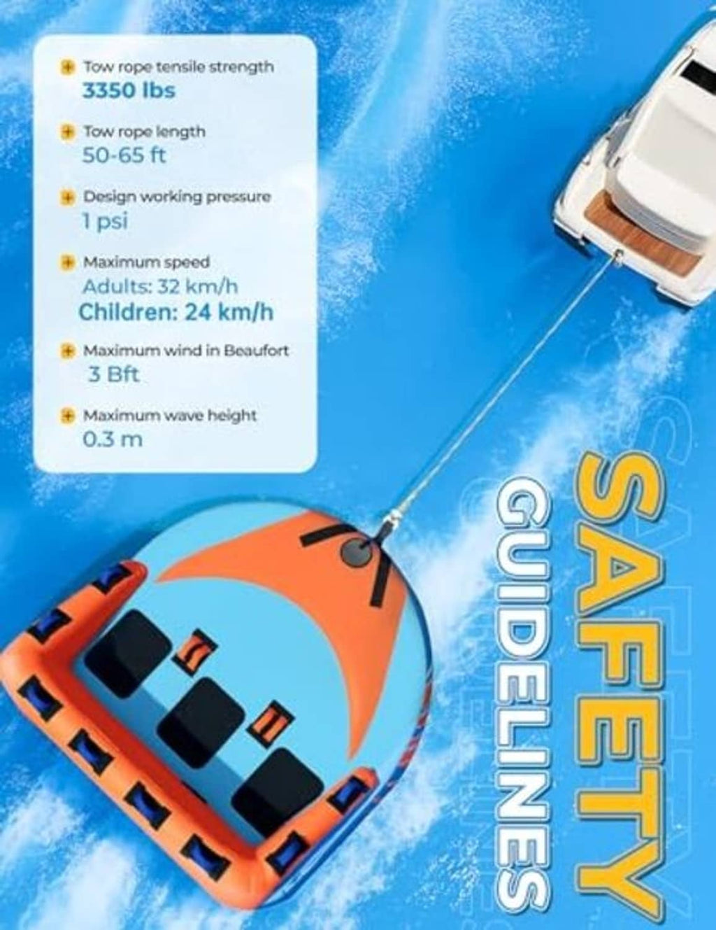 Blue and orange inflatable towable tube with reinforced towing rope and safety design