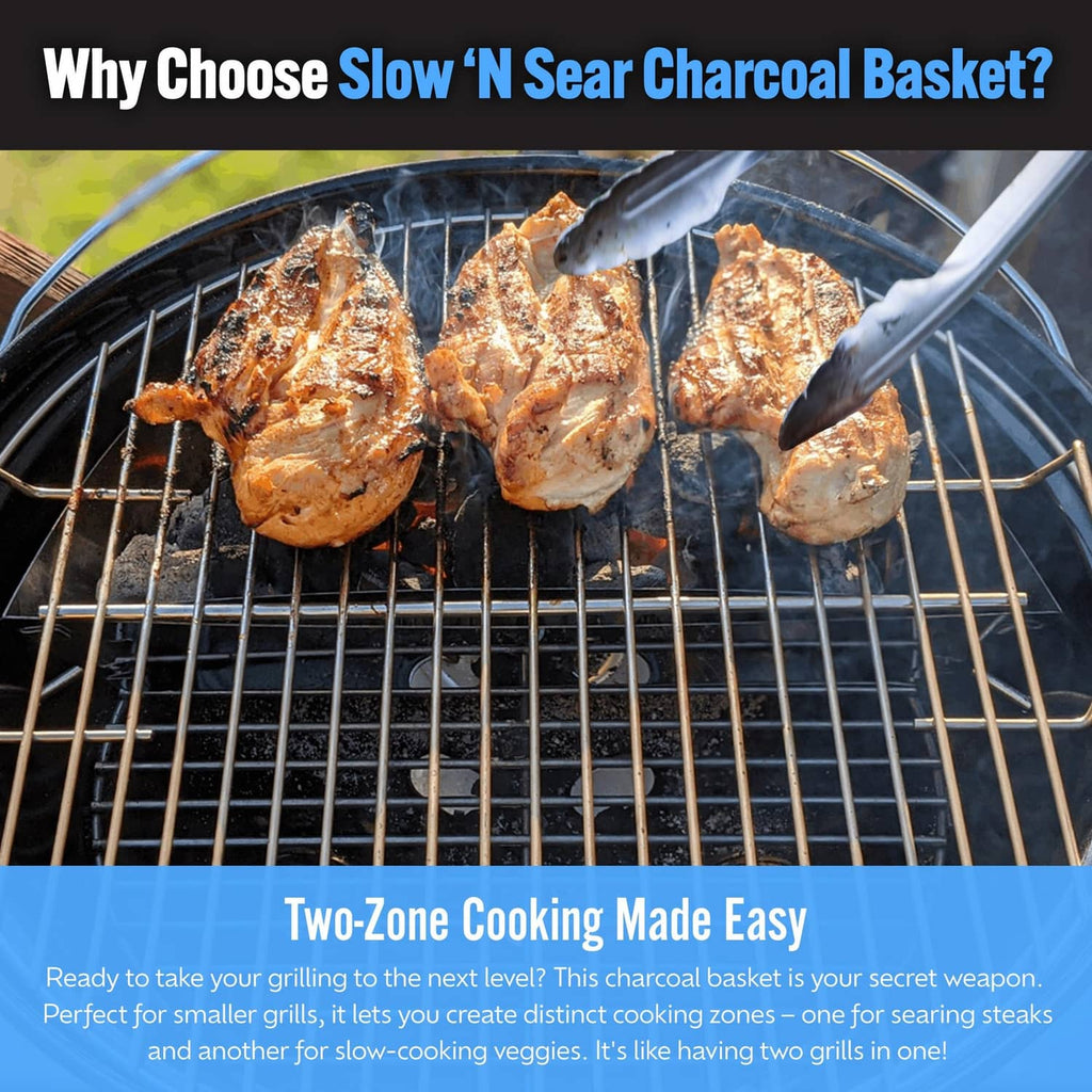 Charcoal basket insert with meat on grill grates above coals