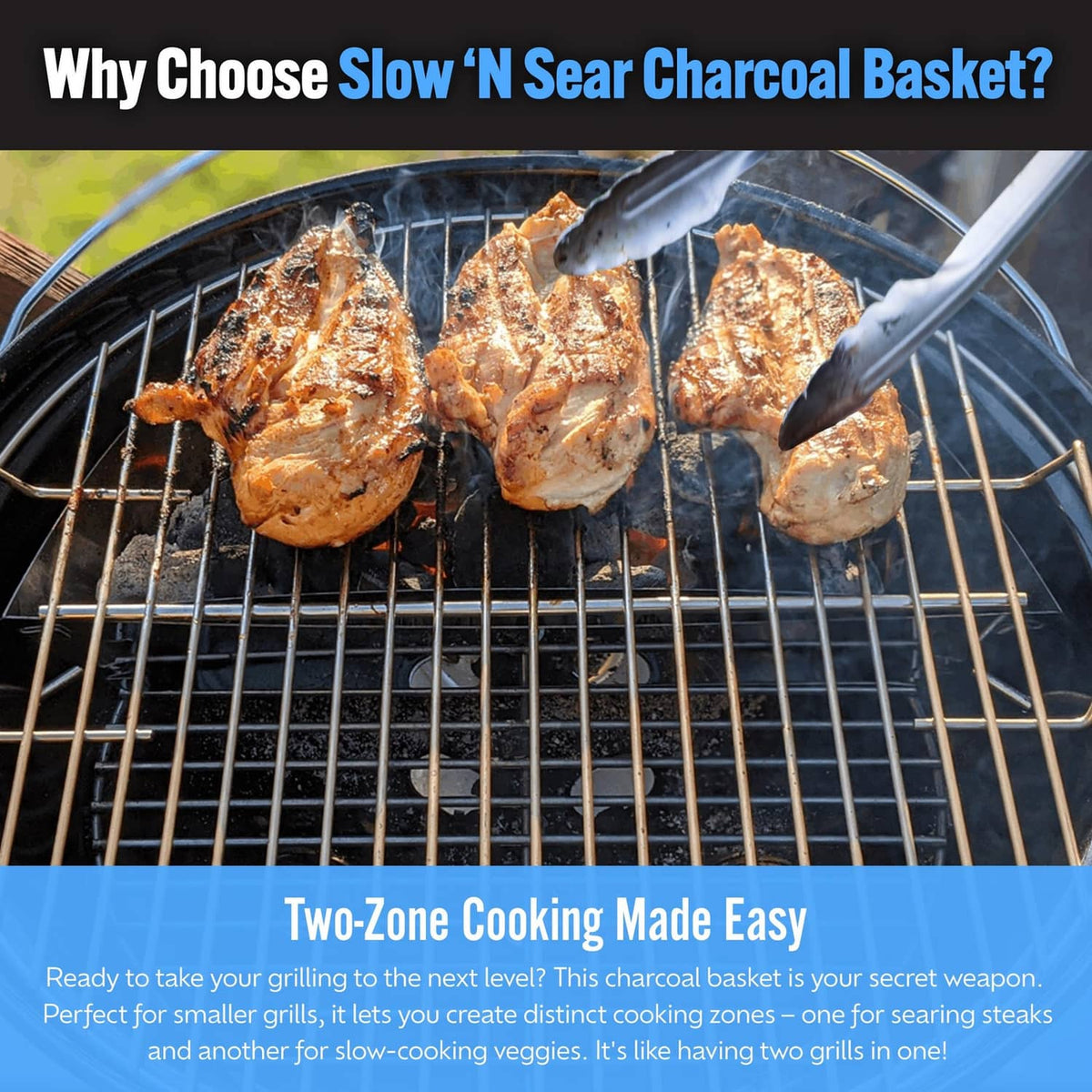 Charcoal basket insert with meat on grill grates above coals