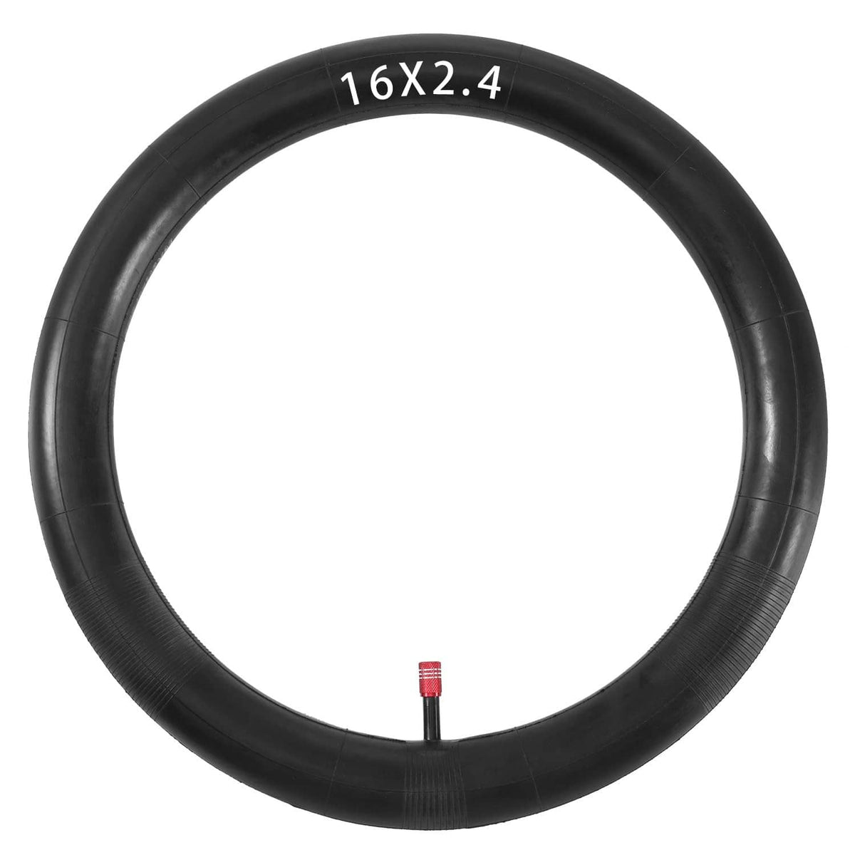 16 x 2.4 inner tube with straight red valve stem, black rubber ring