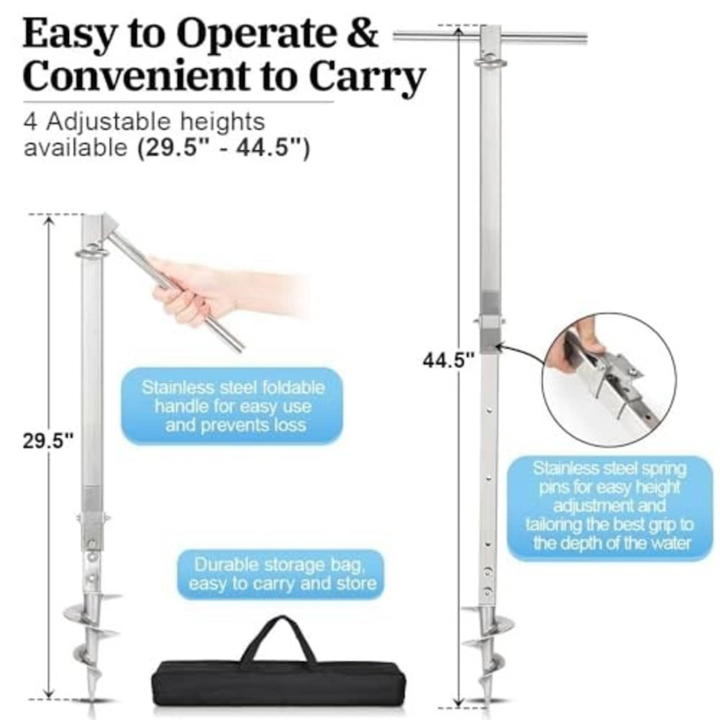 Adjustable stainless steel sand anchor with folding handle and black storage bag