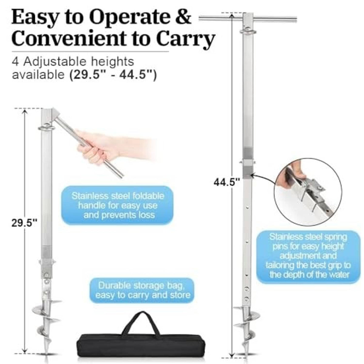 Adjustable stainless steel sand anchor with folding handle and black storage bag